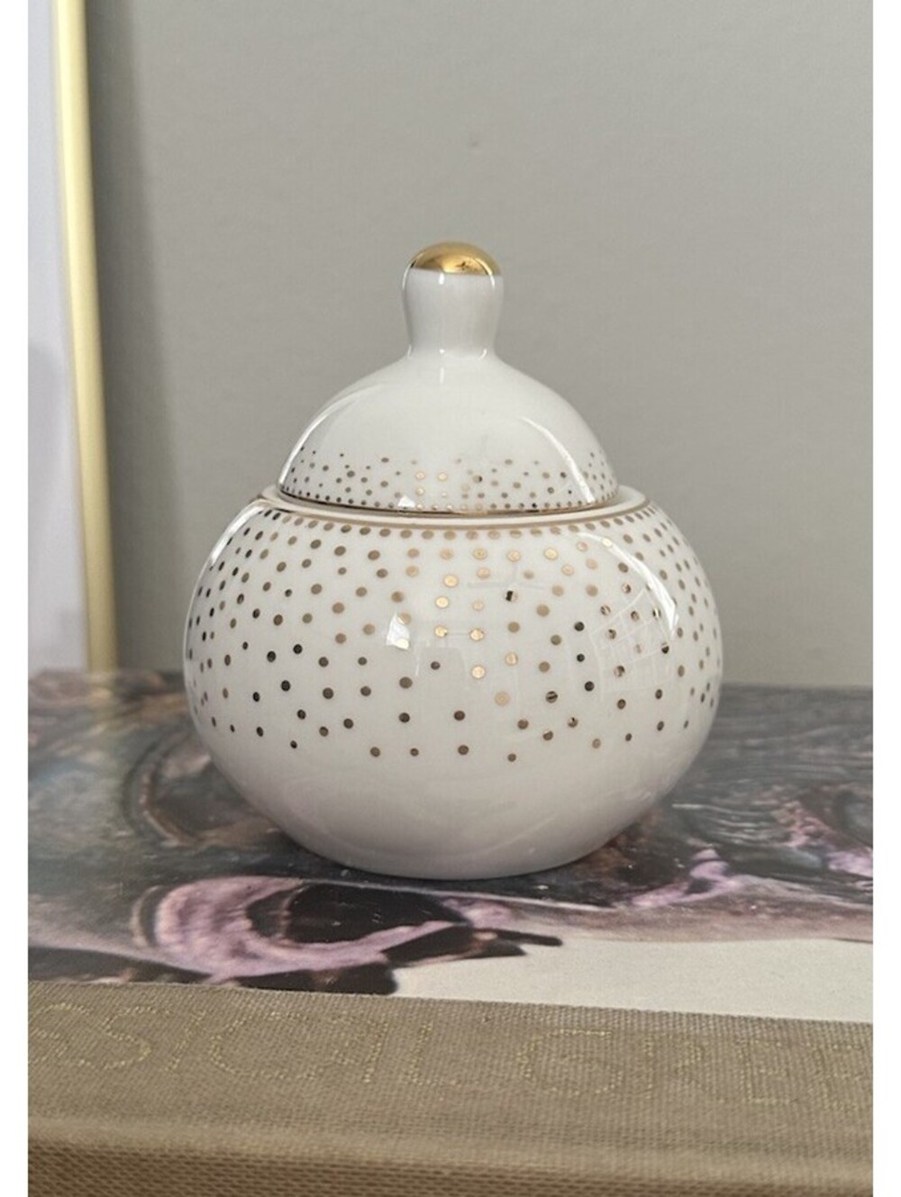 Porcelain Sugar Bowl & Lid Metallic Gold Polka Dots by Grace’s Teaware